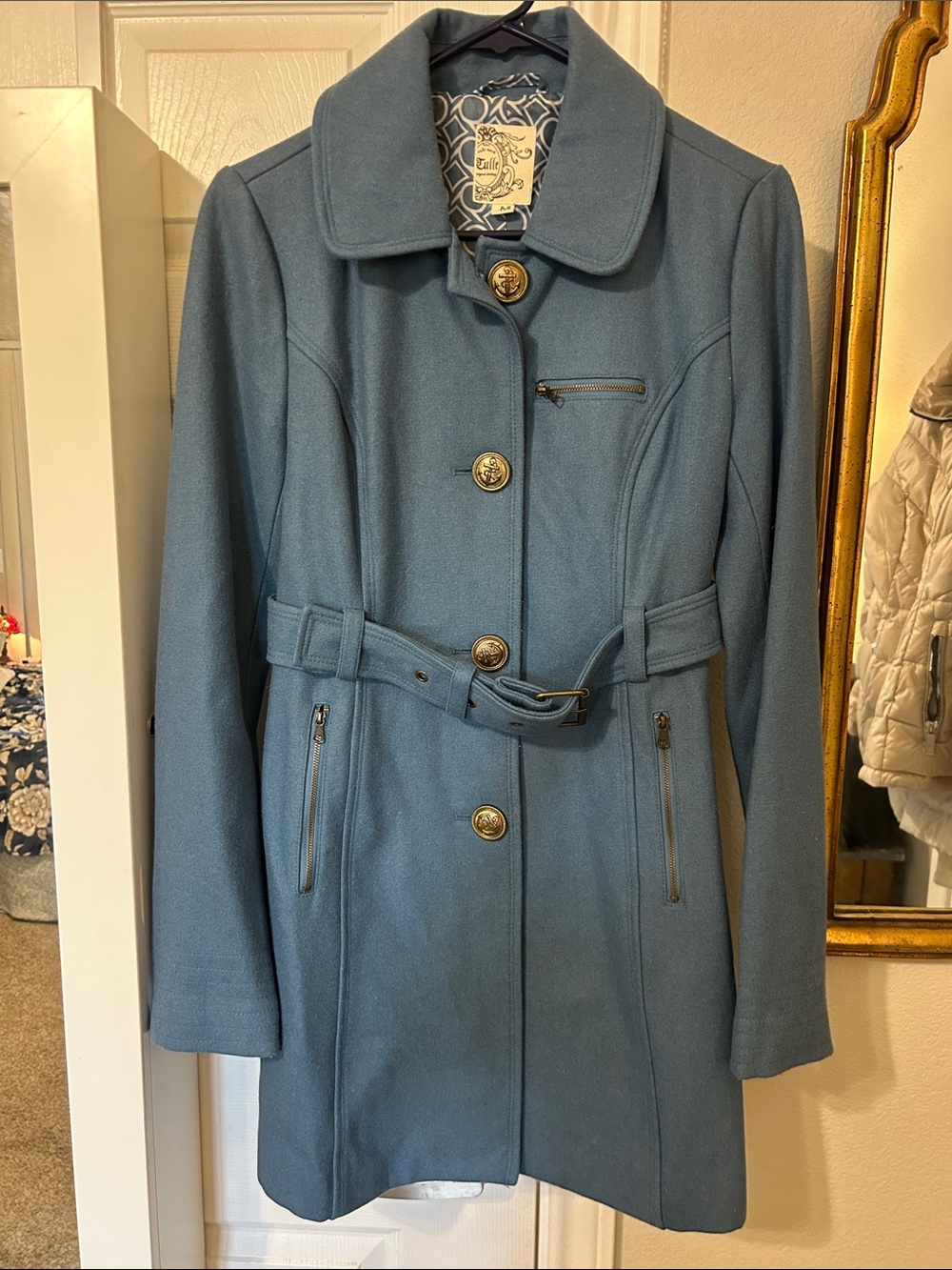 Anthropologie Teal Blue Belted Trench Coat with Gold Buttons